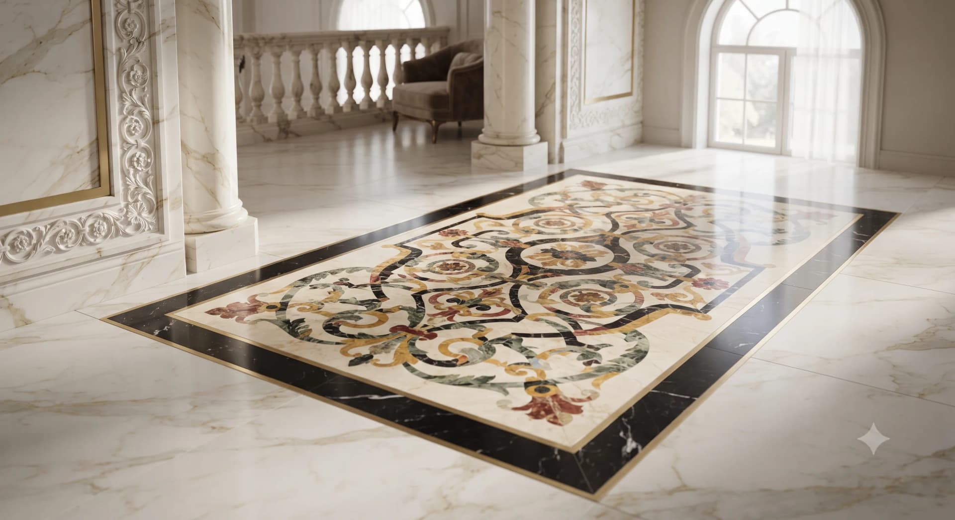 Hand-cut marble inlay panel showing stone-on-stone pietra dura work