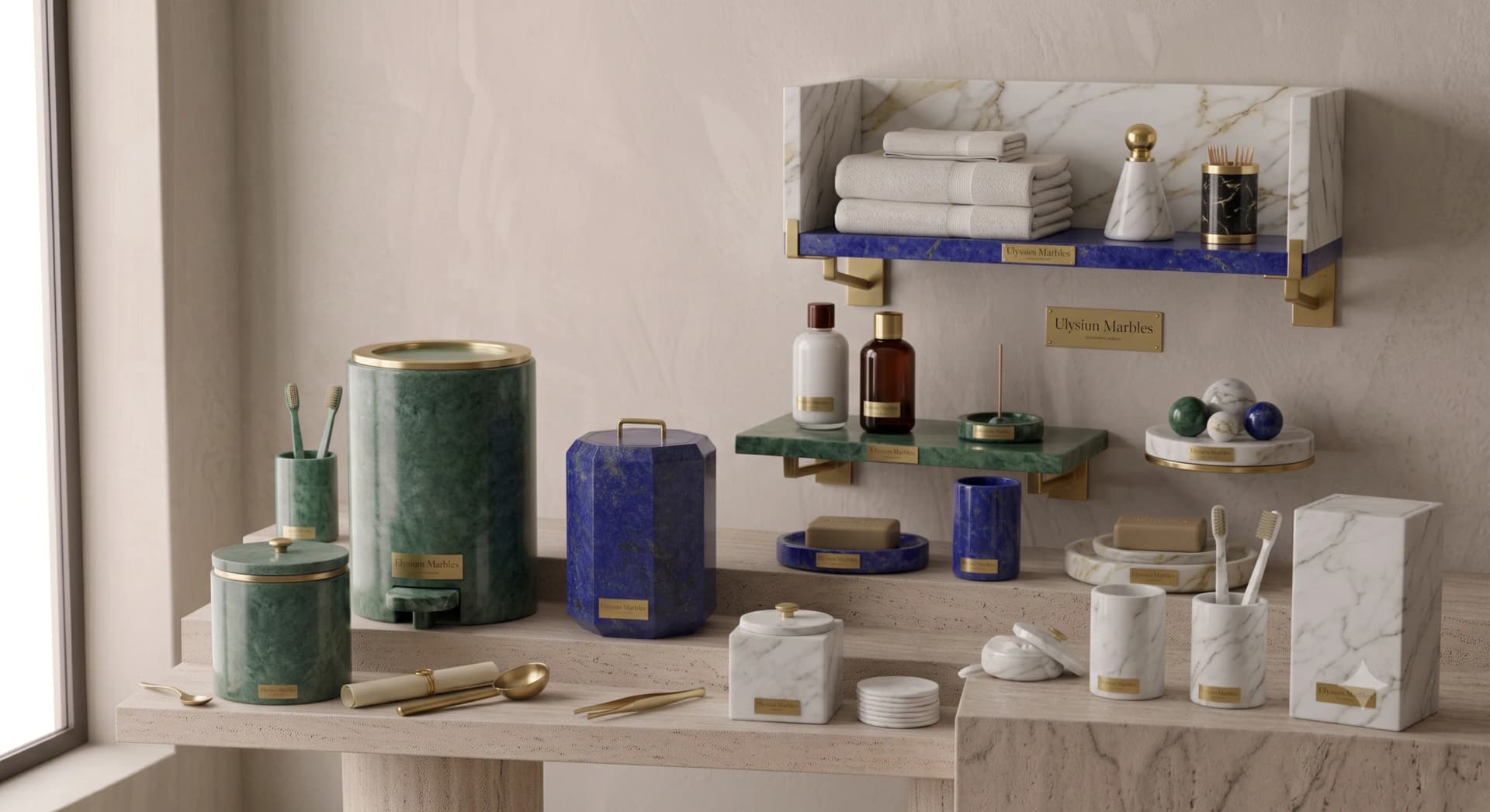 Marrakesh Bathroom Set hand-carved from Nero Marquina marble