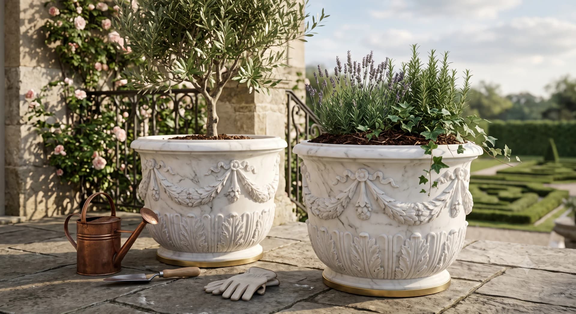 Marble planters holding greenery on an outdoor terrace