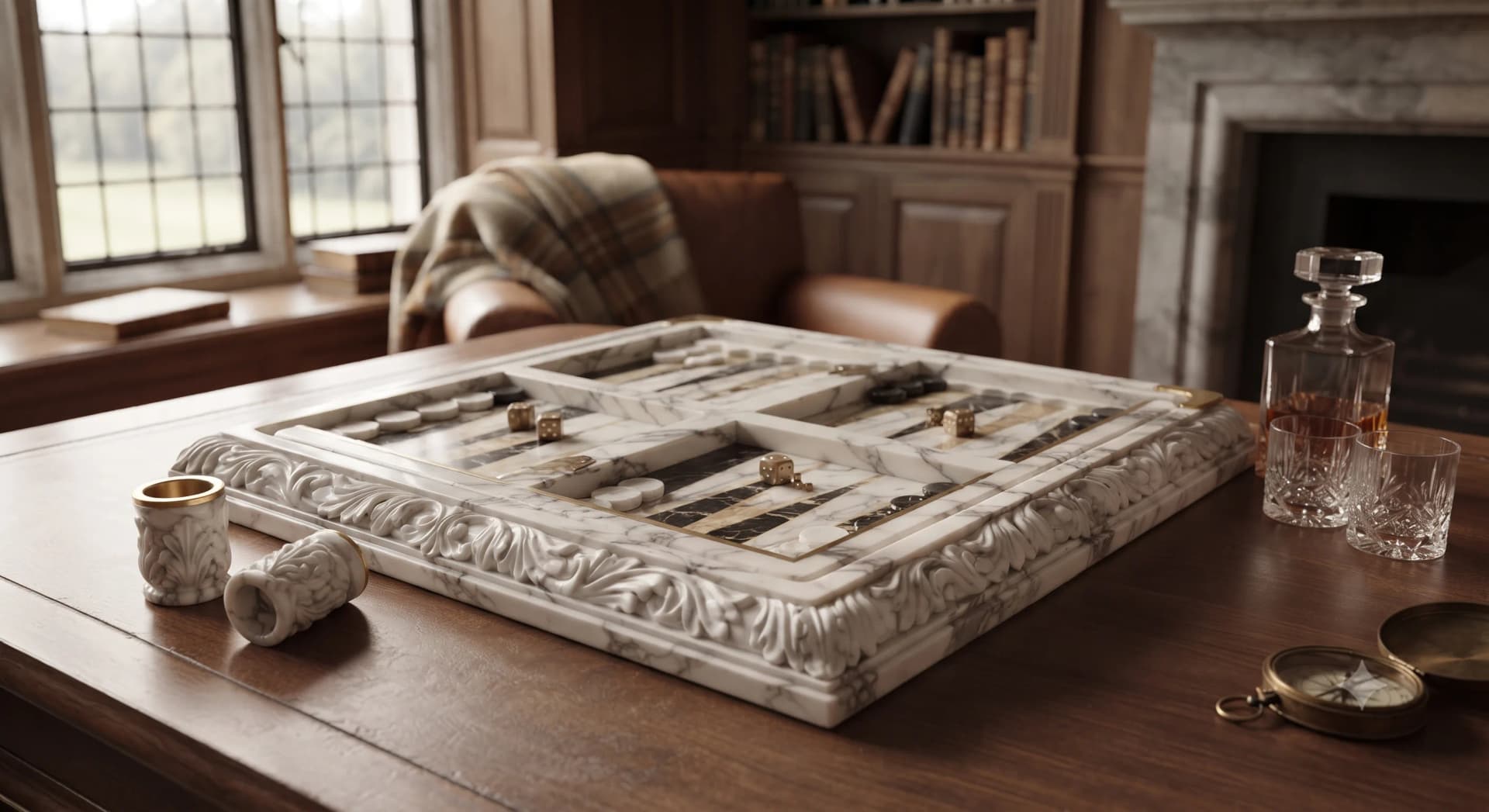 Suleiman Backgammon Board hand-carved from Carrara White marble