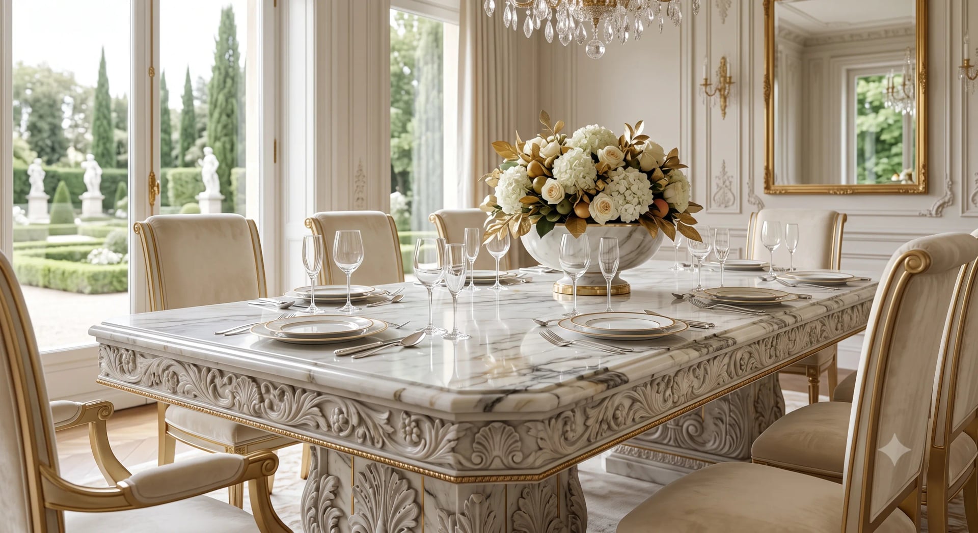 Marble dining table set under warm light in a luxury dining room